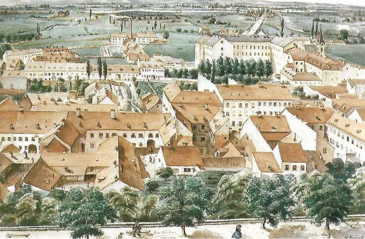 Slika. Pogled s Gornjega na Donji grad 1862. godine (akvarel Đure Fridricha)